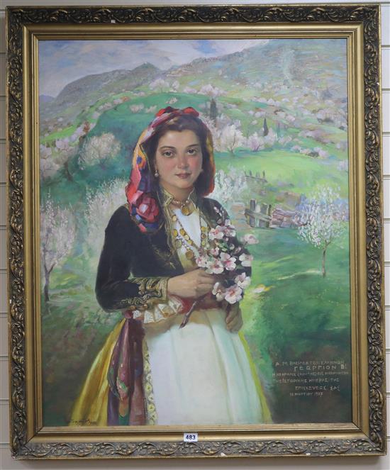 Greek School, oil on board, portrait of a girl in an orchard, indistinctly signed and dated 1937 88 x 71cm